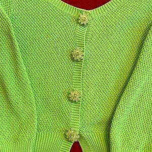 Chaus bright green,jeweled snap button,quarter length sleeved, cardigan sweater.
